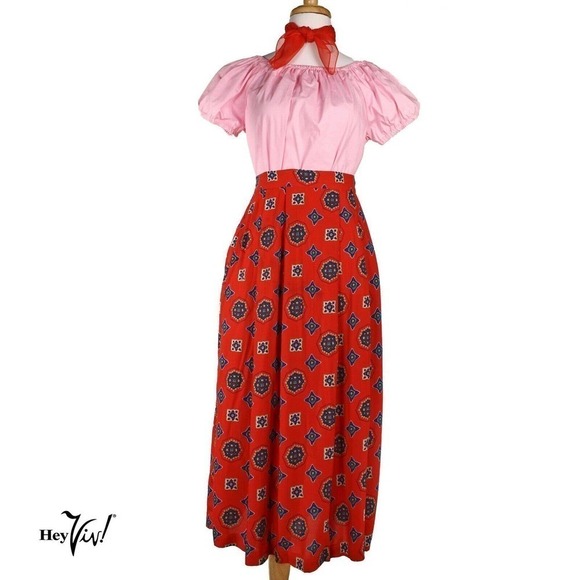 Vintage Skirt Red Rayon Print Chaus Made in Japan Size W 34 Size 16 - Hey Viv - Picture 1 of 6